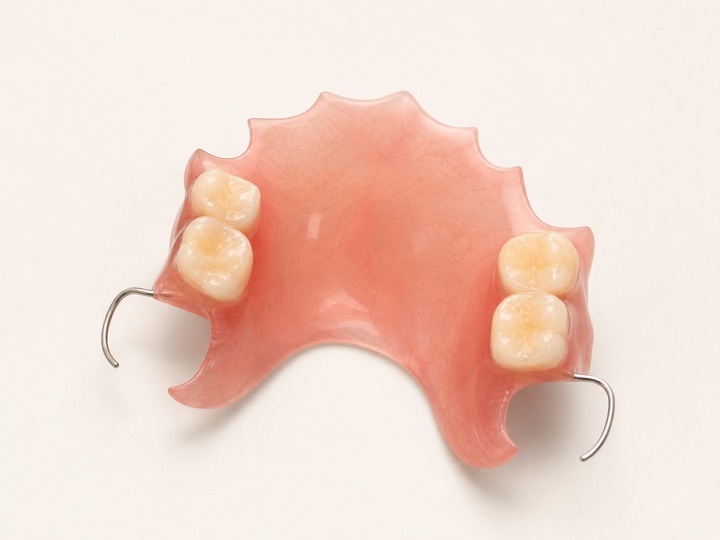 Een gedeeltelijke plaatprothese met kunststof basis en metalen haakjes