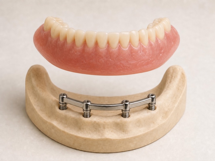 Een onderprothese boven een stegconstructie op vier implantaten